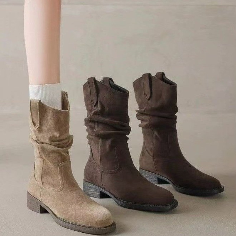 Vintage And Modern Fashion - Women Slouchy Mid-Calf Western Boots, Square